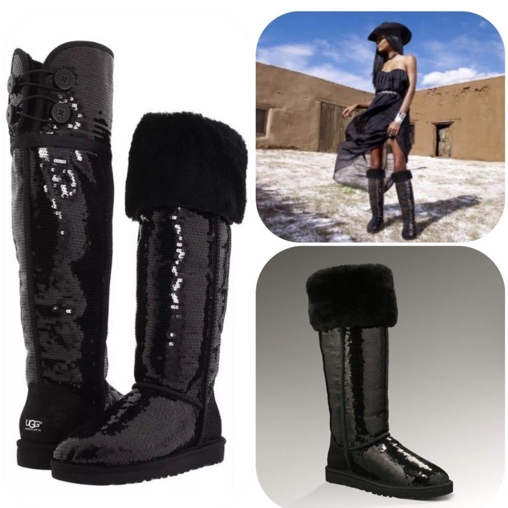 UGG Over the‎ Knee Bailey Sparkles Black Sequin Boots Sz 6